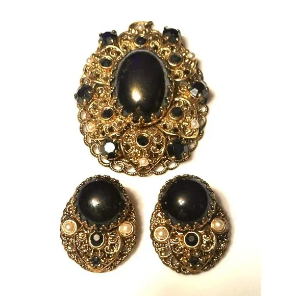 WEST GERMANY BLACK HEMATITE PEARL GOLD FILIGREE PENDANT & CLIP ON EARRINGS SET - Picture 12 of 12